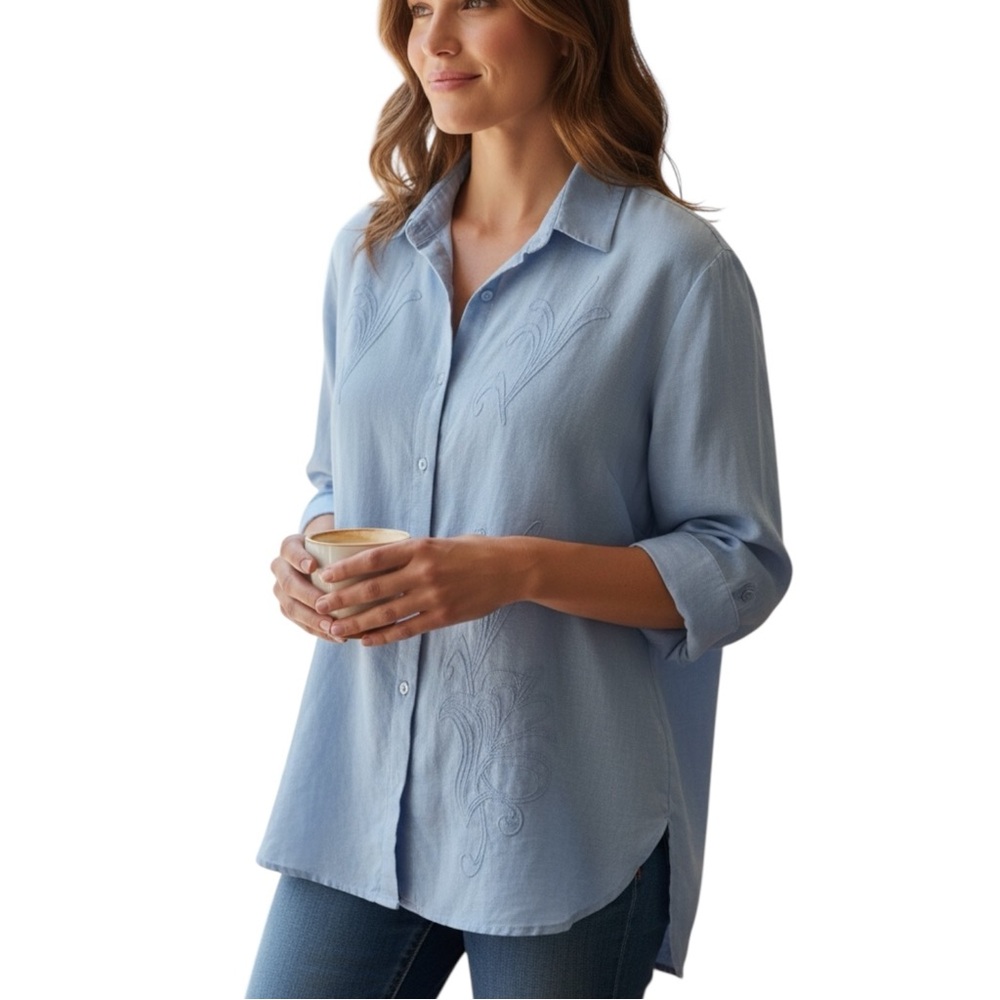 Peck & Peck Linen Embroidered Sky Blue Relaxed Fit Shirt 3/4 Sleeves - Large